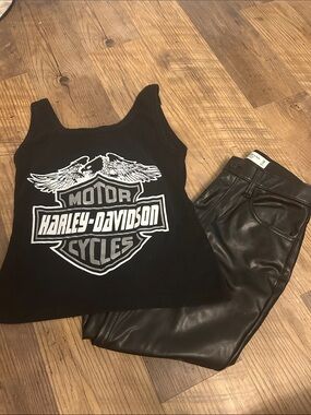 Rare VTG -Harley Davidson Black Tank w Front Hook Closures & faux leather pant